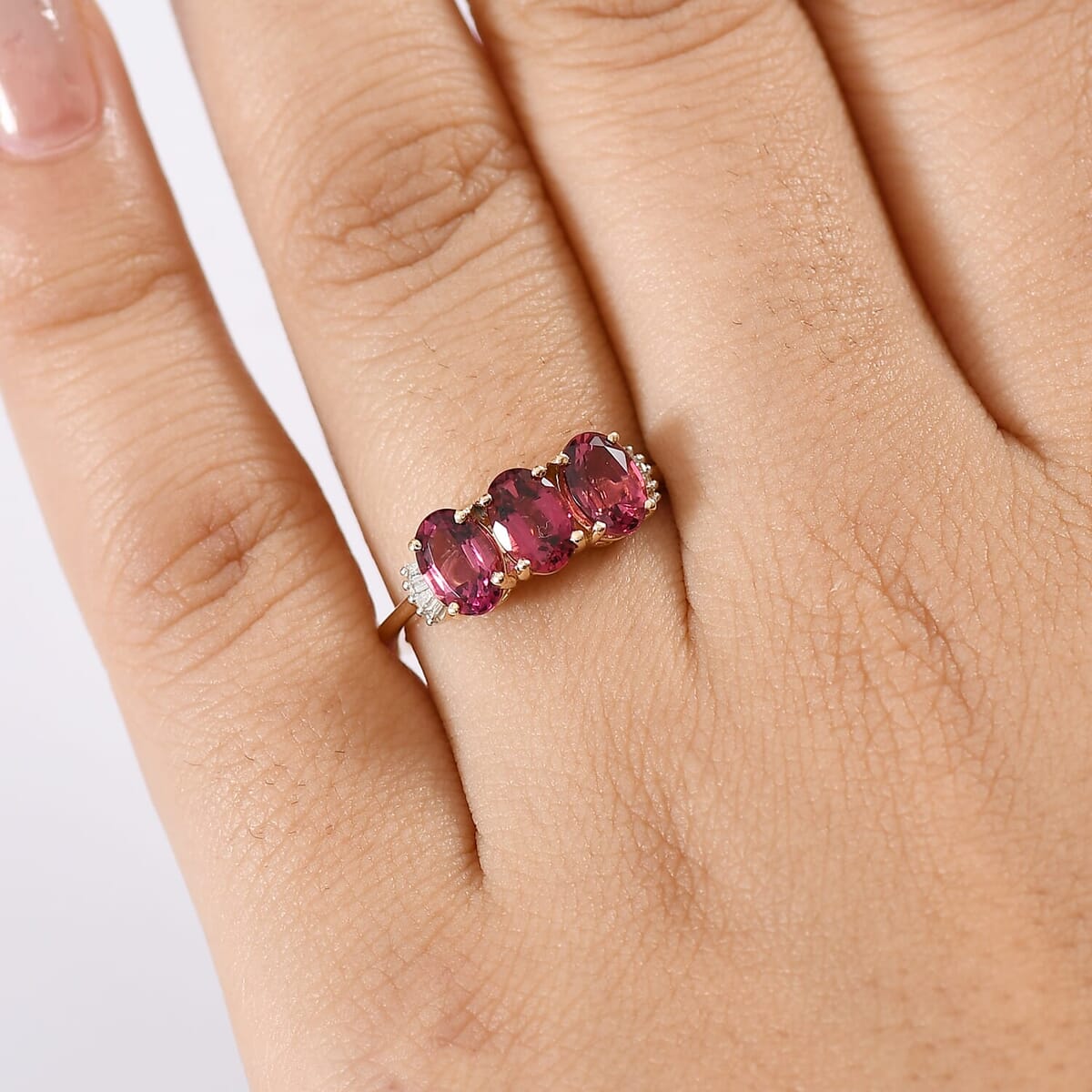 Luxoro AAA Ouro Fino Rubellite and G-H SI Diamond 2.00 ctw Trilogy Ring in 14K Yellow Gold (Size 10.0) image number 2