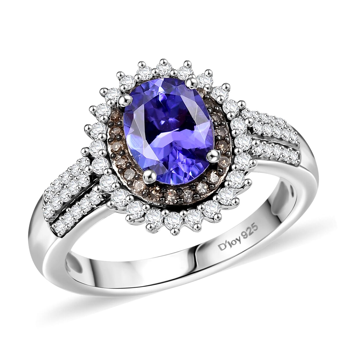 D'Joy Premium Tanzanite, Natural Champagne and White Diamond 1.85 ctw Sunburst Ring in Rhodium Over Sterling Silver (Size 10.0) image number 0