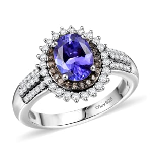 D'Joy Premium Tanzanite, Natural Champagne and White Diamond 1.85 ctw Sunburst Ring in Rhodium Over Sterling Silver (Size 10.0)