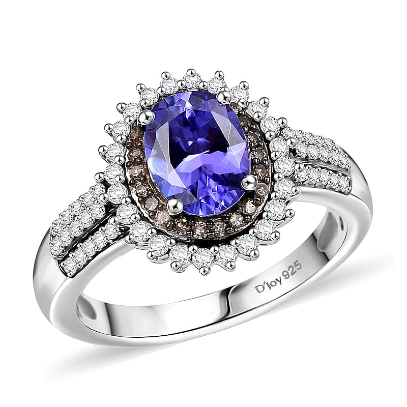 D'JoyTanzanite, Natural Champagne and White Diamond Sunburst Ring in Rhodium Over Sterling Silver 1.85 ctw (Size 10.0)