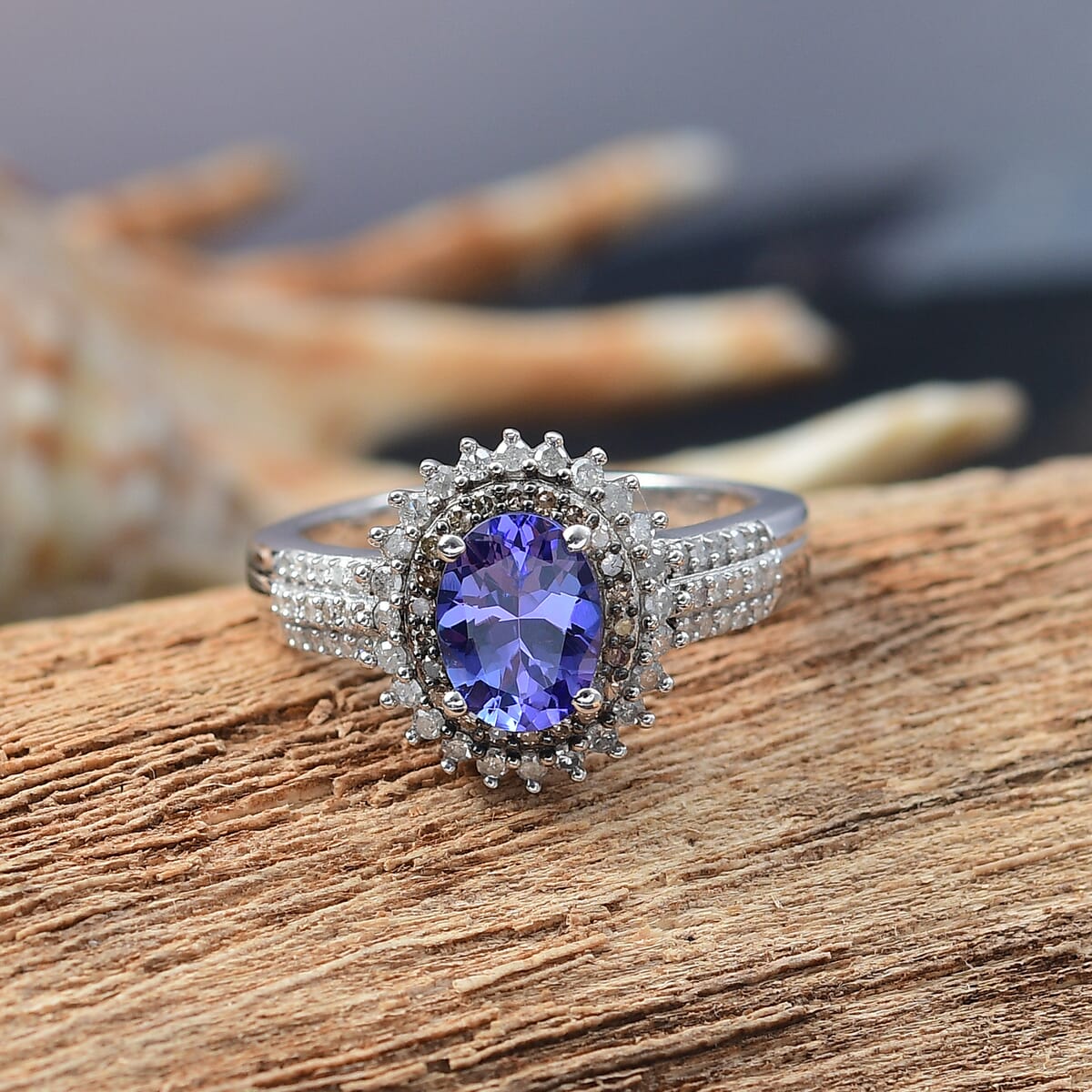 D'Joy Premium Tanzanite, Natural Champagne and White Diamond 1.85 ctw Sunburst Ring in Rhodium Over Sterling Silver (Size 10.0) image number 1