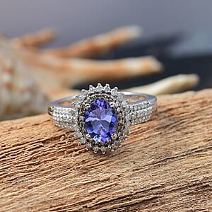 D'JoyTanzanite, Natural Champagne and White Diamond Sunburst Ring in Rhodium Over Sterling Silver 1.85 ctw (Size 10.0)