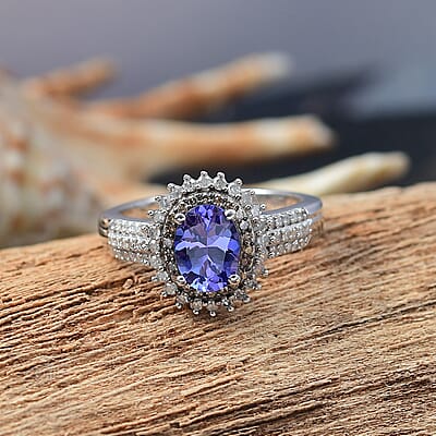 D'JoyTanzanite, Natural Champagne and White Diamond Sunburst Ring in Rhodium Over Sterling Silver 1.85 ctw (Size 10.0)