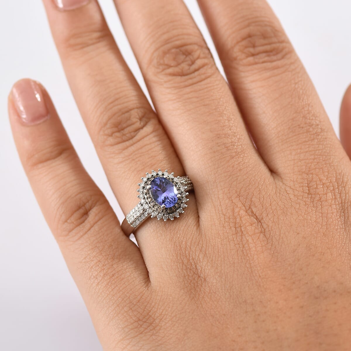 D'Joy Premium Tanzanite, Natural Champagne and White Diamond 1.85 ctw Sunburst Ring in Rhodium Over Sterling Silver (Size 10.0) image number 2