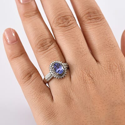 D'JoyTanzanite, Natural Champagne and White Diamond Sunburst Ring in Rhodium Over Sterling Silver 1.85 ctw (Size 10.0)
