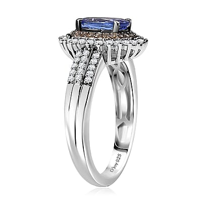 D'JoyTanzanite, Natural Champagne and White Diamond Sunburst Ring in Rhodium Over Sterling Silver 1.85 ctw (Size 10.0)
