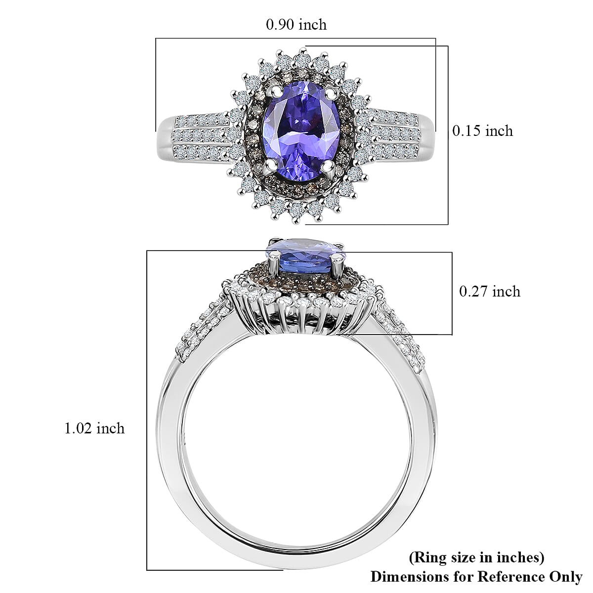 D'JoyTanzanite, Natural Champagne and White Diamond Sunburst Ring in Rhodium Over Sterling Silver 1.85 ctw (Size 10.0)