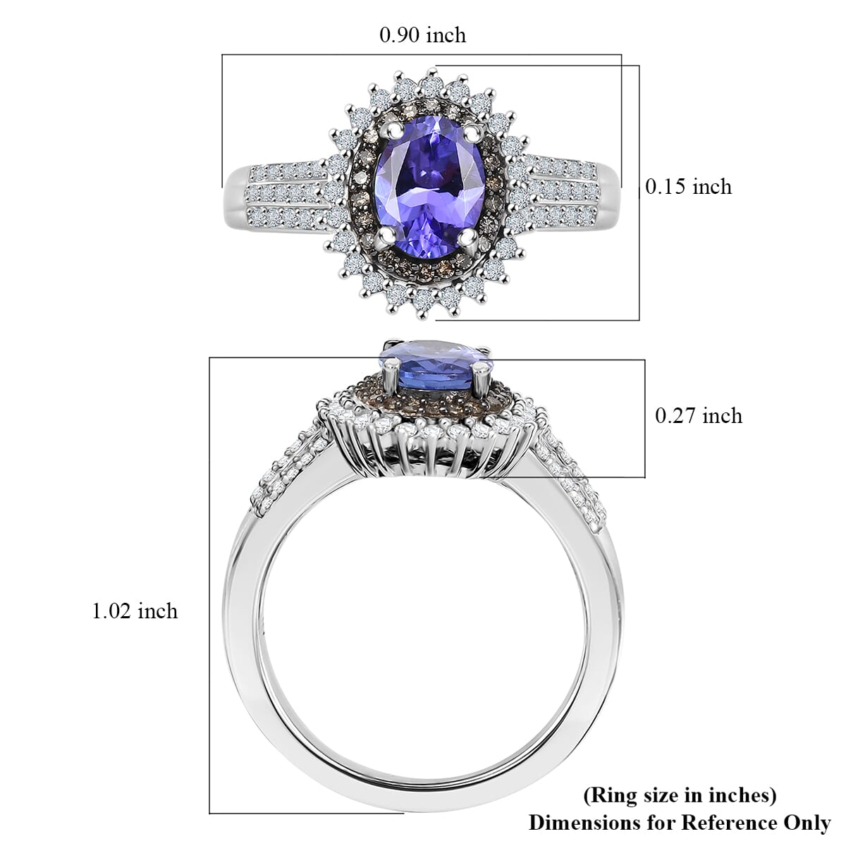 D'Joy Premium Tanzanite, Natural Champagne and White Diamond 1.85 ctw Sunburst Ring in Rhodium Over Sterling Silver (Size 10.0) image number 5