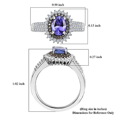 D'JoyTanzanite, Natural Champagne and White Diamond Sunburst Ring in Rhodium Over Sterling Silver 1.85 ctw (Size 10.0)