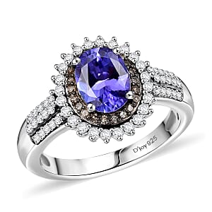 D'Joy Premium Tanzanite, Natural Champagne and White Diamond 1.85 ctw Sunburst Ring in Rhodium Over Sterling Silver (Size 8.0)