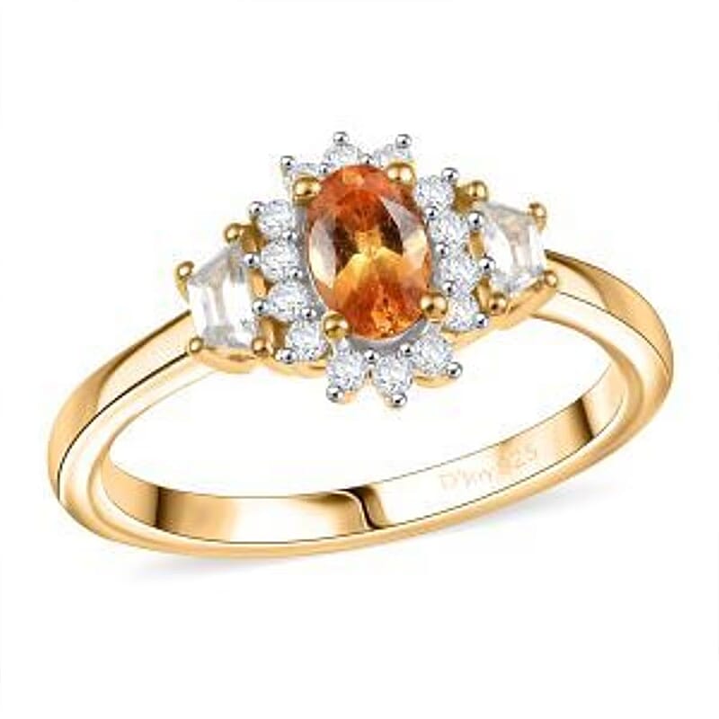 D'Joy Tanzanian Mandarin Garnet, White Zircon Sunflare Regal Ring in 18K Vermeil YG Over Sterling Silver 1.00 ctw (Size 10.0)