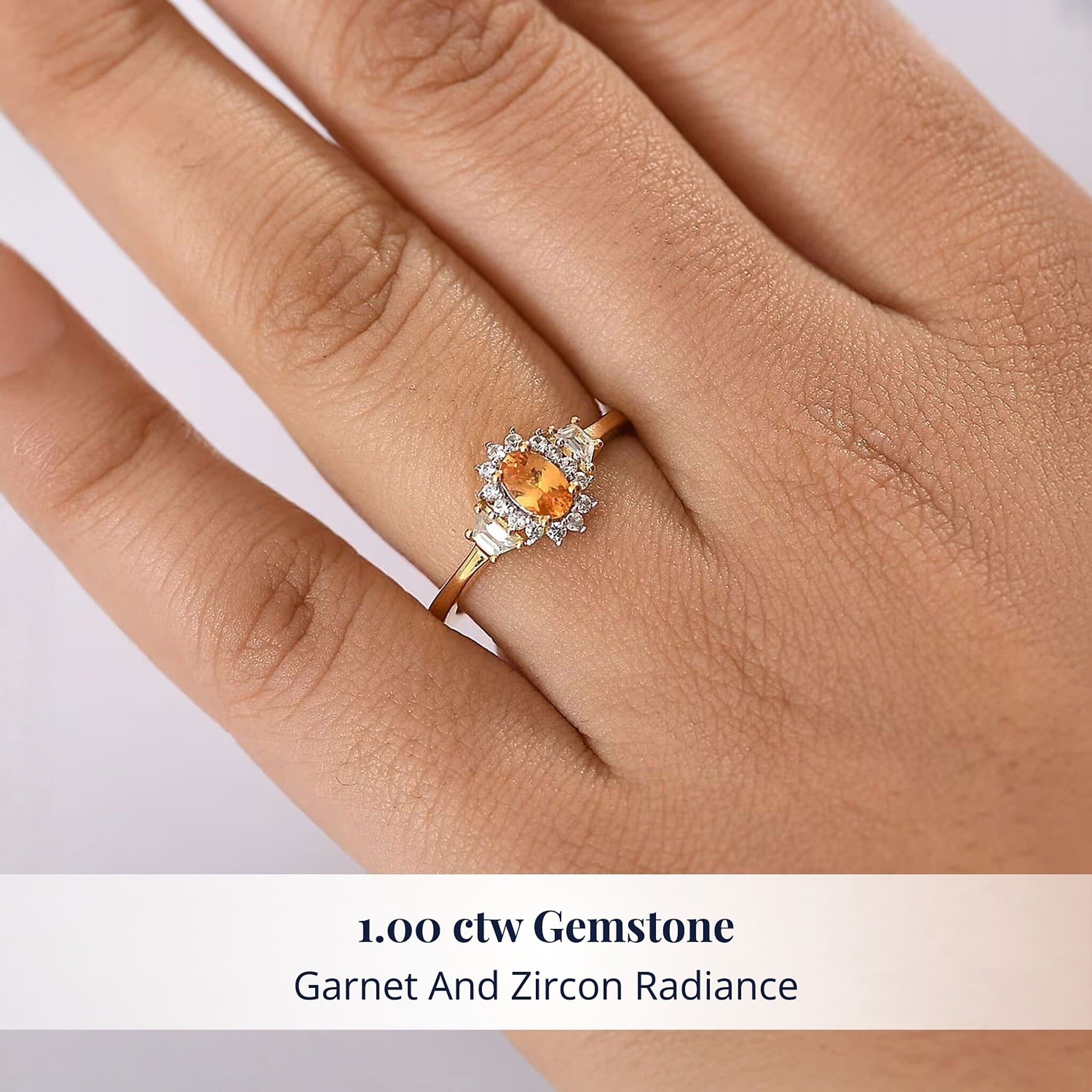D'Joy Tanzanian Mandarin Garnet, White Zircon Sunflare Regal Ring in 18K Vermeil YG Over Sterling Silver 1.00 ctw (Size 10.0)