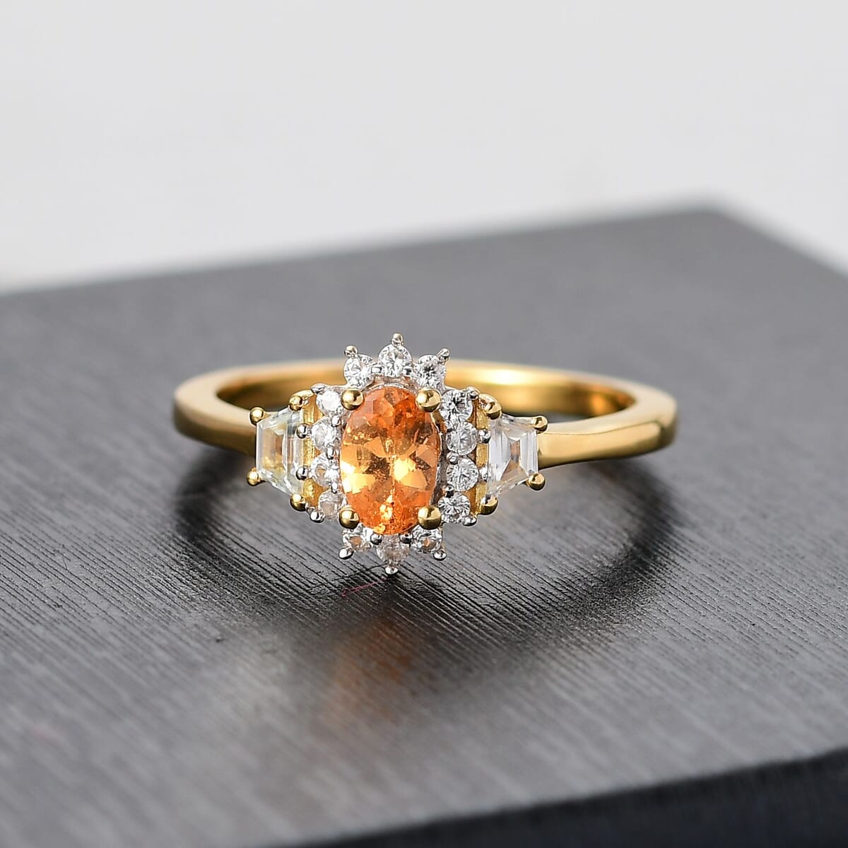 D'Joy Tanzanian Mandarin Garnet and White Zircon 1.00 ctw Sunflare Regal Ring in 18K Vermeil Yellow Gold Over Sterling Silver (Size 10.0) image number 1