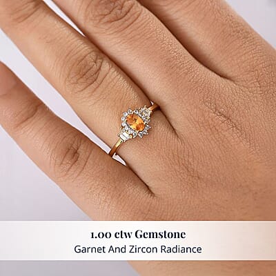 D'Joy Tanzanian Mandarin Garnet, White Zircon Sunflare Regal Ring in 18K Vermeil YG Over Sterling Silver 1.00 ctw (Size 10.0)