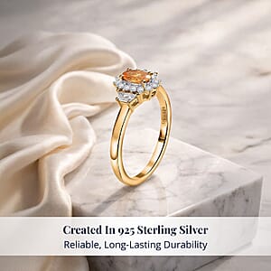 D'Joy Tanzanian Mandarin Garnet, White Zircon Sunflare Regal Ring in 18K Vermeil YG Over Sterling Silver 1.00 ctw (Size 10.0)