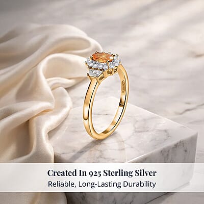 D'Joy Tanzanian Mandarin Garnet, White Zircon Sunflare Regal Ring in 18K Vermeil YG Over Sterling Silver 1.00 ctw (Size 10.0)