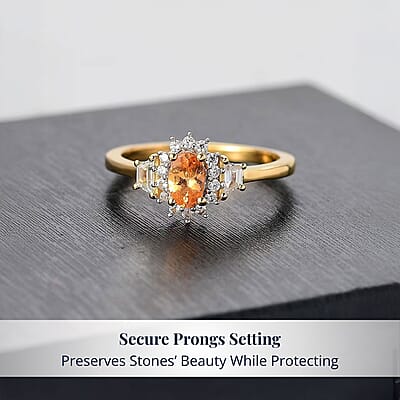 D'Joy Tanzanian Mandarin Garnet, White Zircon Sunflare Regal Ring in 18K Vermeil YG Over Sterling Silver 1.00 ctw (Size 10.0)