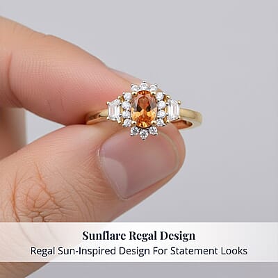 D'Joy Tanzanian Mandarin Garnet, White Zircon Sunflare Regal Ring in 18K Vermeil YG Over Sterling Silver 1.00 ctw (Size 10.0)