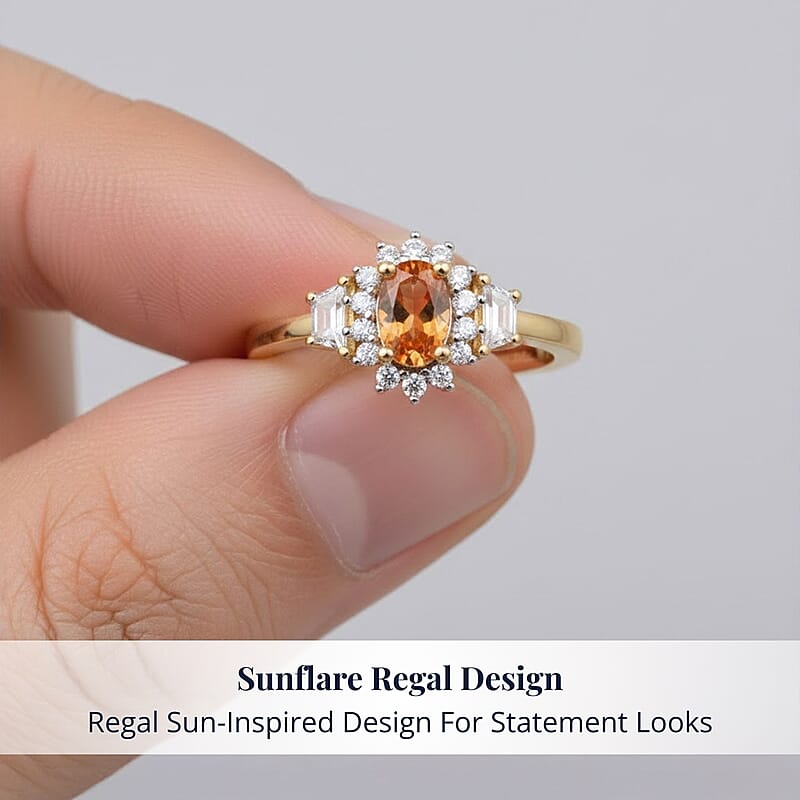 D'Joy Tanzanian Mandarin Garnet and White Zircon 1.00 ctw Sunflare Regal Ring in 18K Vermeil Yellow Gold Over Sterling Silver (Size 6.0)