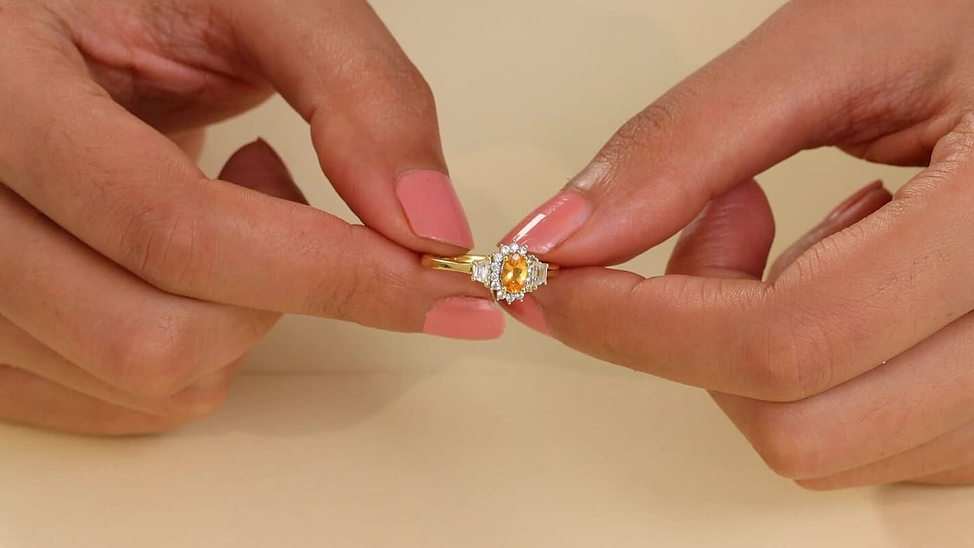 D'Joy Tanzanian Mandarin Garnet, White Zircon Ring in 18K Vermeil YG Over Sterling Silver (Size 10.0) 1.00 ctw