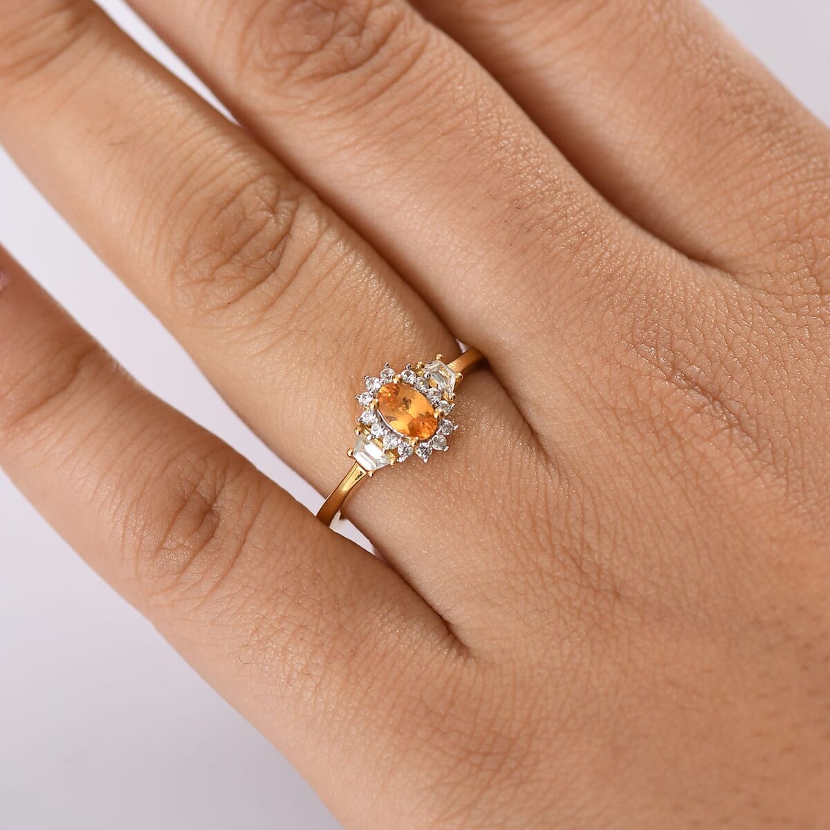 D'Joy Tanzanian Mandarin Garnet and White Zircon 1.00 ctw Sunflare Regal Ring in 18K Vermeil Yellow Gold Over Sterling Silver (Size 7.0) image number 2