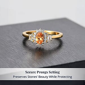 D'Joy Tanzanian Mandarin Garnet, White Zircon Sunflare Regal Ring in 18K Vermeil YG Over Sterling Silver 1.00 ctw (Size 7.0)