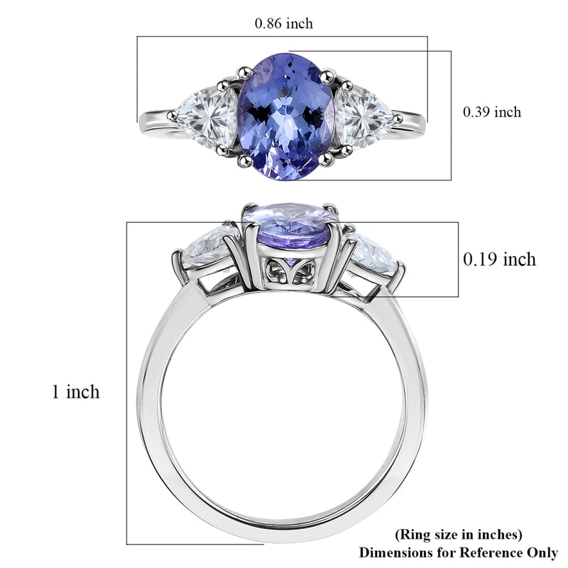 D'Joy Tanzanite and Moissanite 2.60 ctw Trinity of Light Ring in Rhodium Over Sterling Silver (Size 10.0)