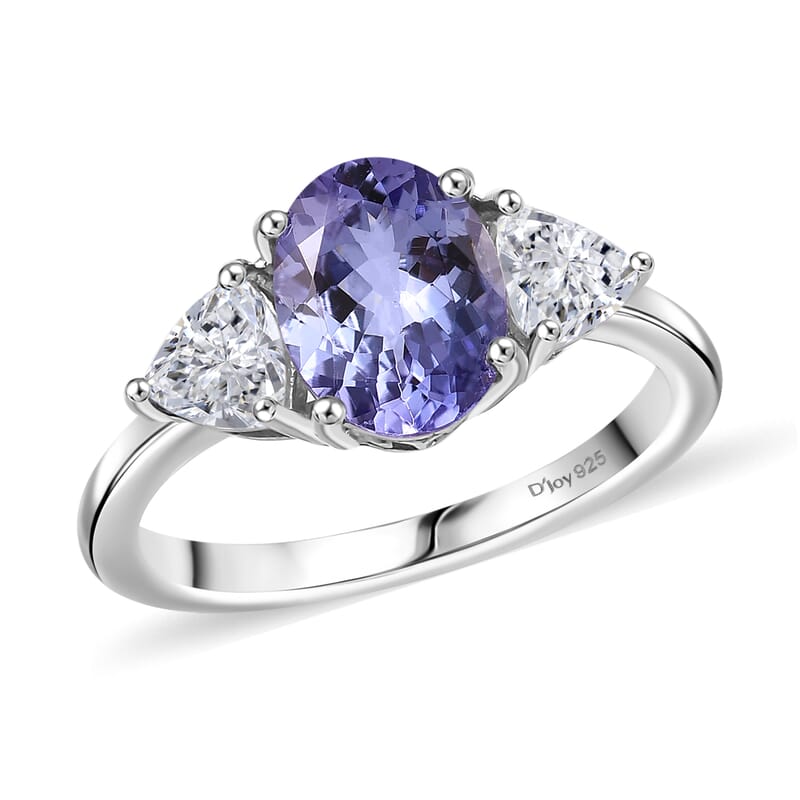 D'Joy Tanzanite and Moissanite 2.60 ctw Trinity of Light Ring in Rhodium Over Sterling Silver (Size 6.0)