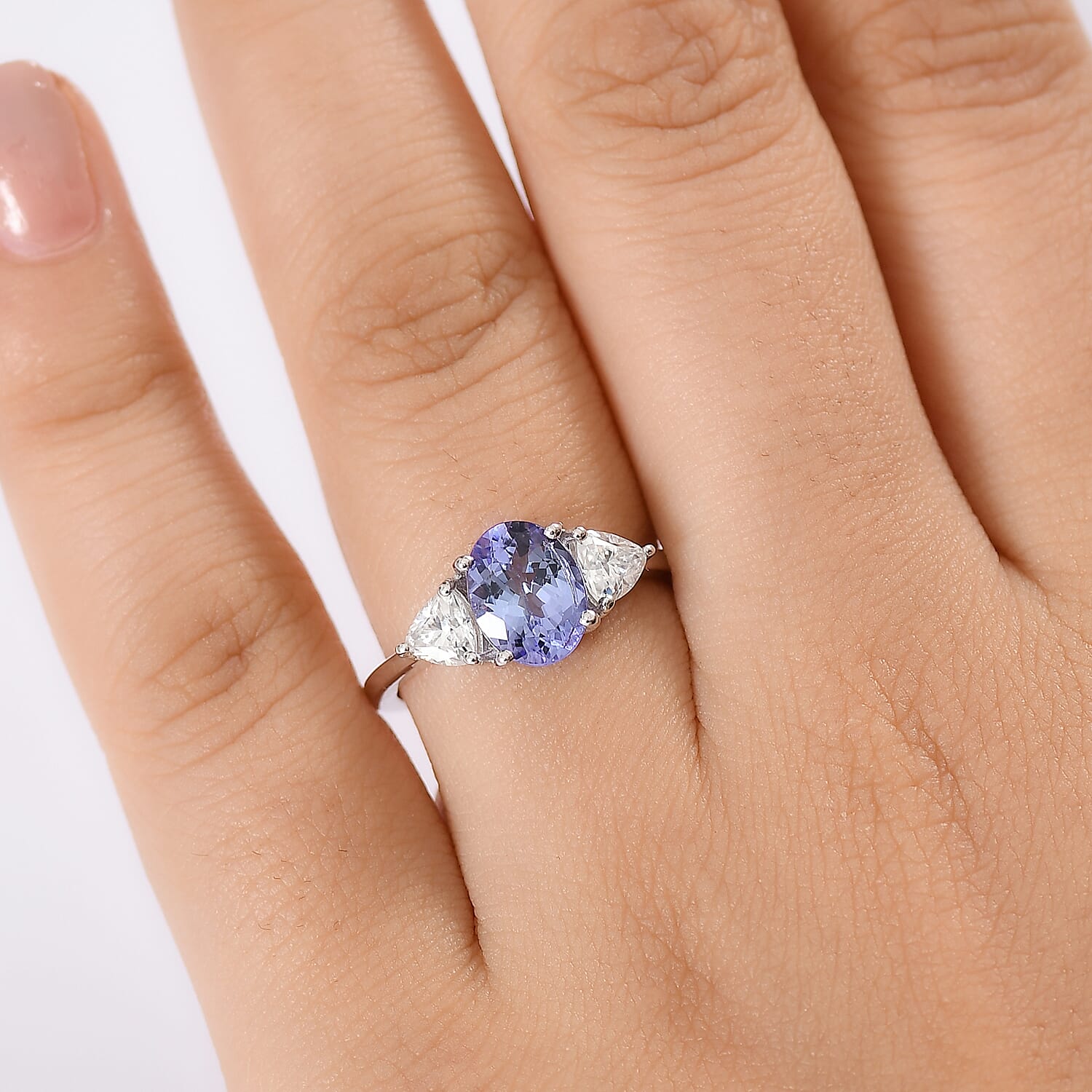 D'Joy Tanzanite and Moissanite 2.60 ctw Trinity of Light Ring in Rhodium Over Sterling Silver (Size 6.0)