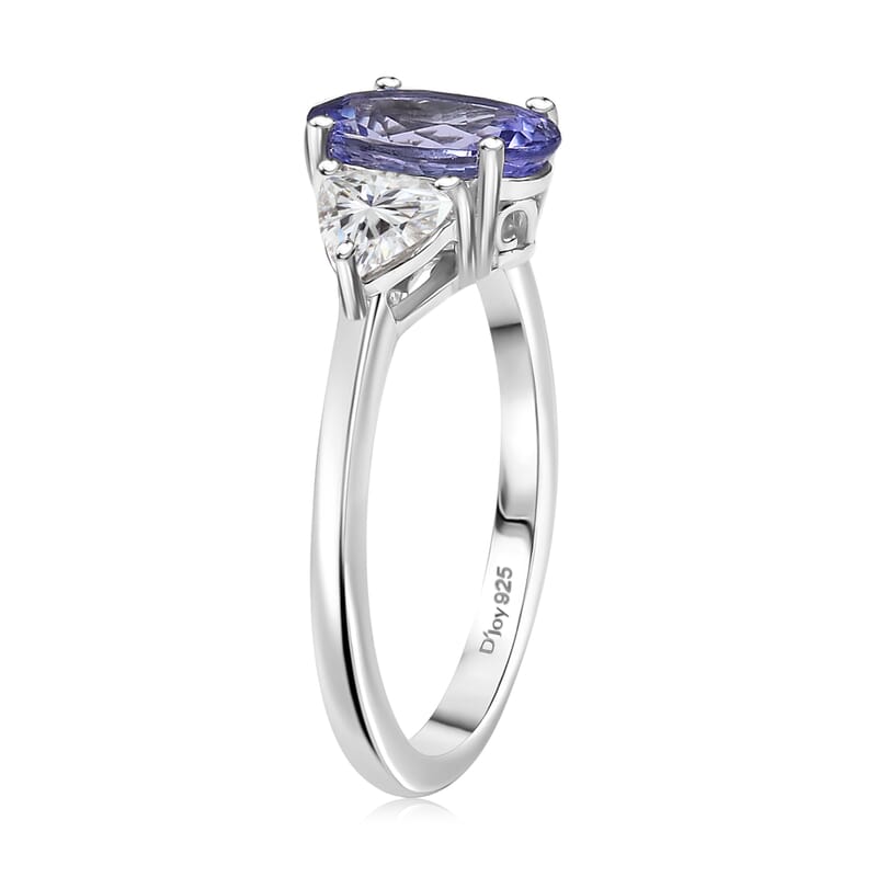 D'Joy Tanzanite and Moissanite 2.60 ctw Trinity of Light Ring in Rhodium Over Sterling Silver (Size 6.0)