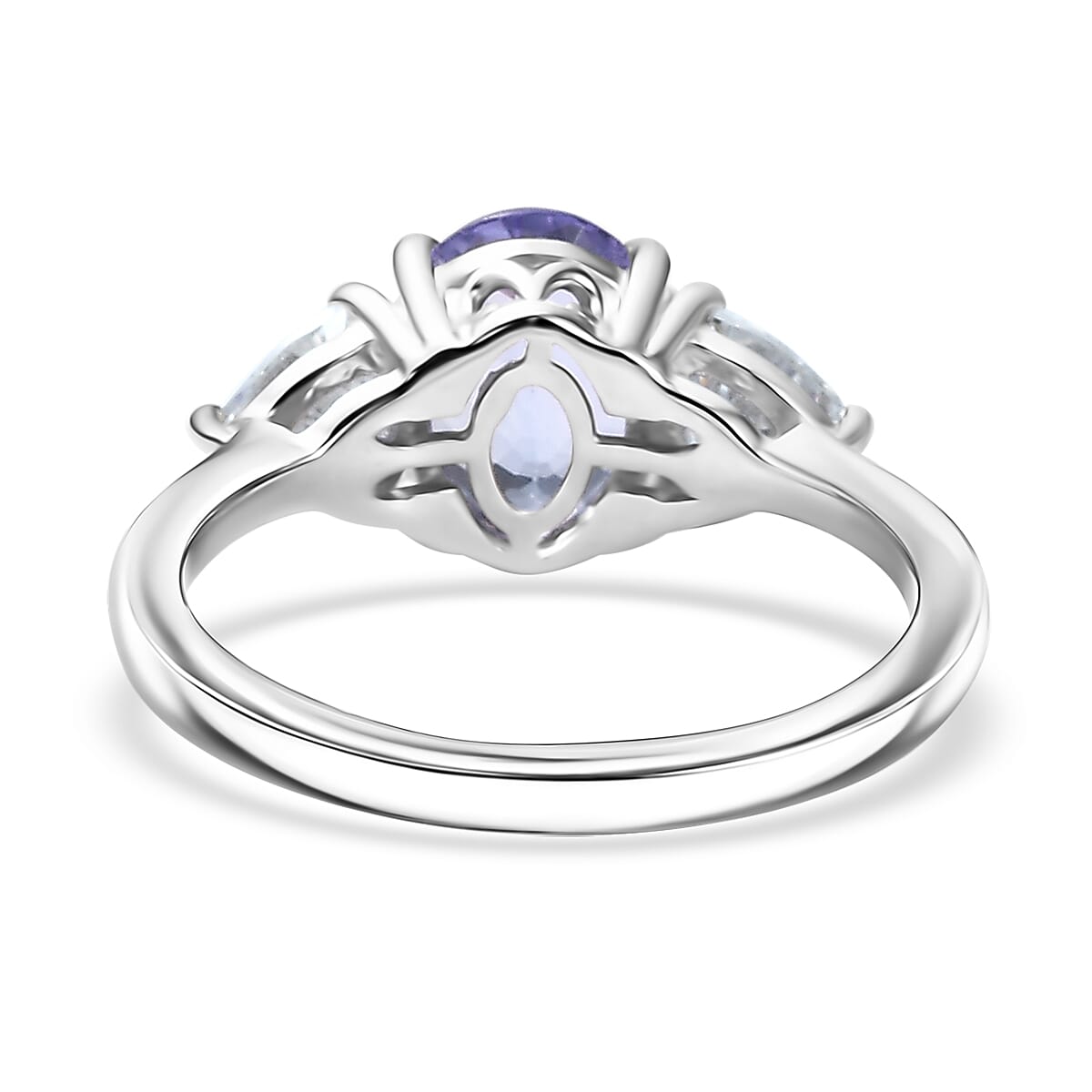 D'Joy Tanzanite and Moissanite 2.60 ctw Trinity of Light Ring in Rhodium Over Sterling Silver (Size 6.0)