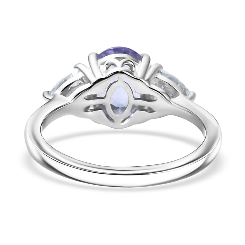 D'Joy Tanzanite and Moissanite 2.60 ctw Trinity of Light Ring in Rhodium Over Sterling Silver (Size 6.0)