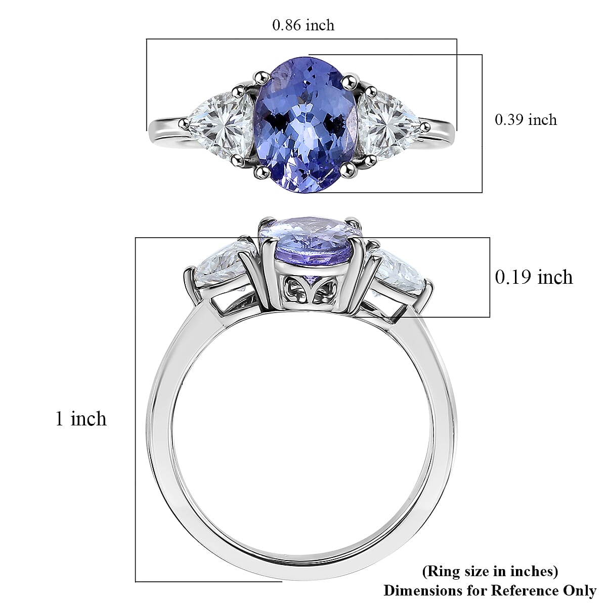 D'Joy Tanzanite and Moissanite 2.60 ctw Trinity of Light Ring in Rhodium Over Sterling Silver (Size 6.0)