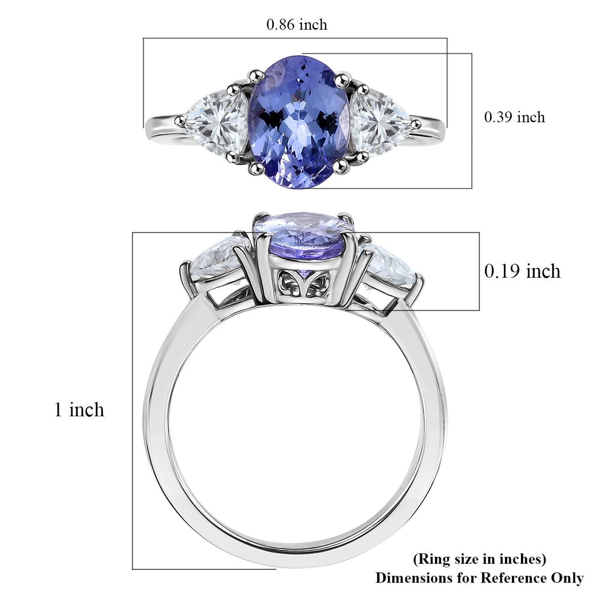 D'Joy Tanzanite and Moissanite 2.60 ctw Trinity of Light Ring in Rhodium Over Sterling Silver (Size 6.0) image number 4