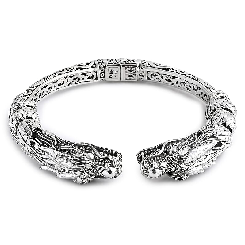 D'Joy Bali Legacy Twin Dragon Cuff Bracelet in Sterling Silver (7.25 In) 42.25 Grams