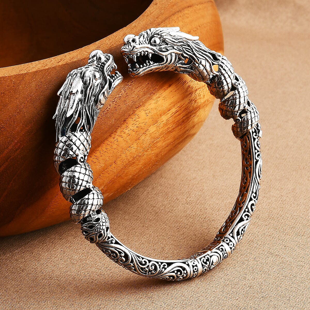 Bali Legacy Twin Dragon Bangle Bracelet in Sterling Silver (7.25 In) 42.25 Grams image number 1