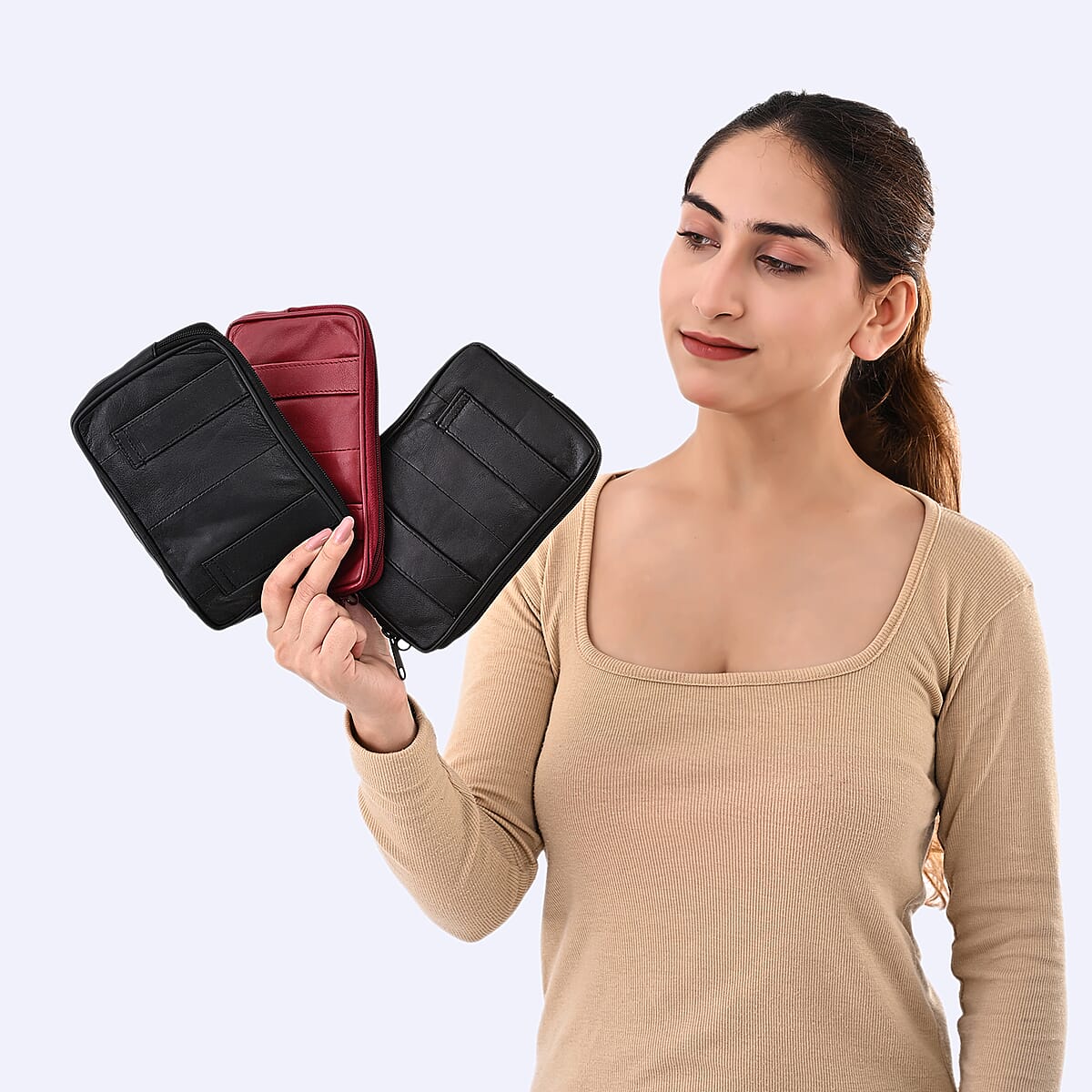 Set of 3 Black, Brown and Red 100% Genuine Leather Pouch image number 1