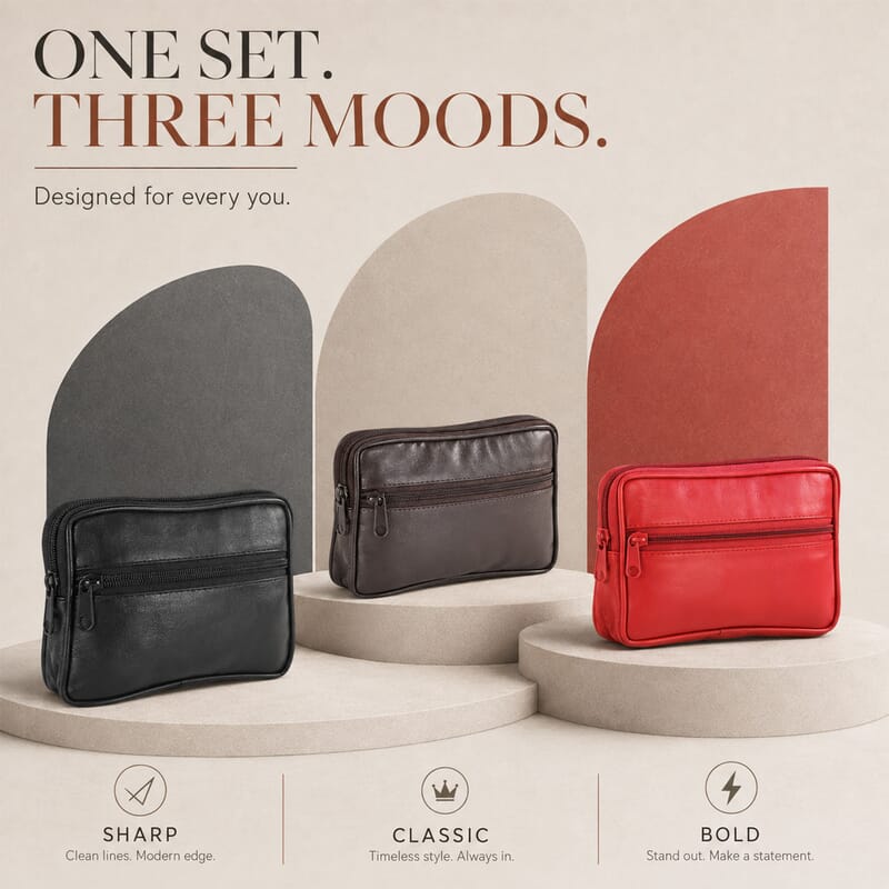 Set of 3 Black, Brown and Red 100% Genuine Leather Pouch