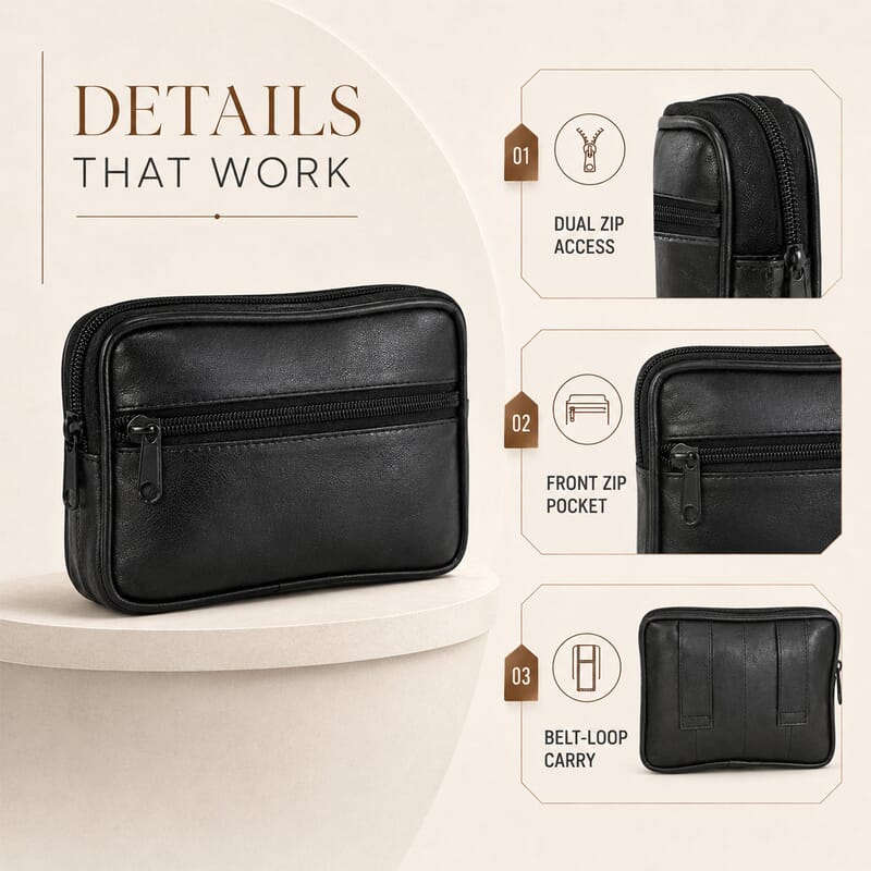 Set of 3 Black, Brown and Red 100% Genuine Leather Pouch
