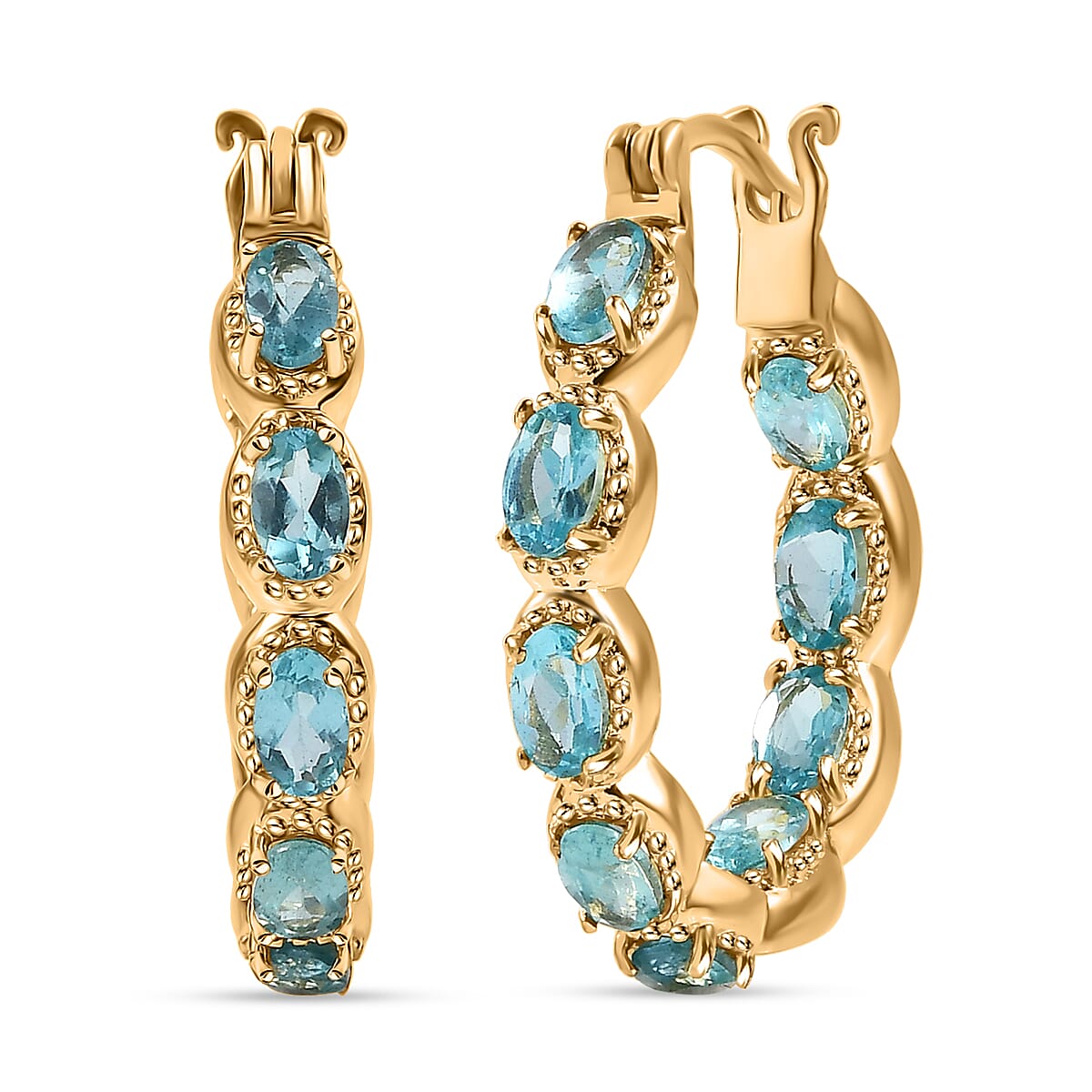 EverTrue Paraiba Apatite 4.20 ctw Hoop Earrings in 18K YG Plated image number 0