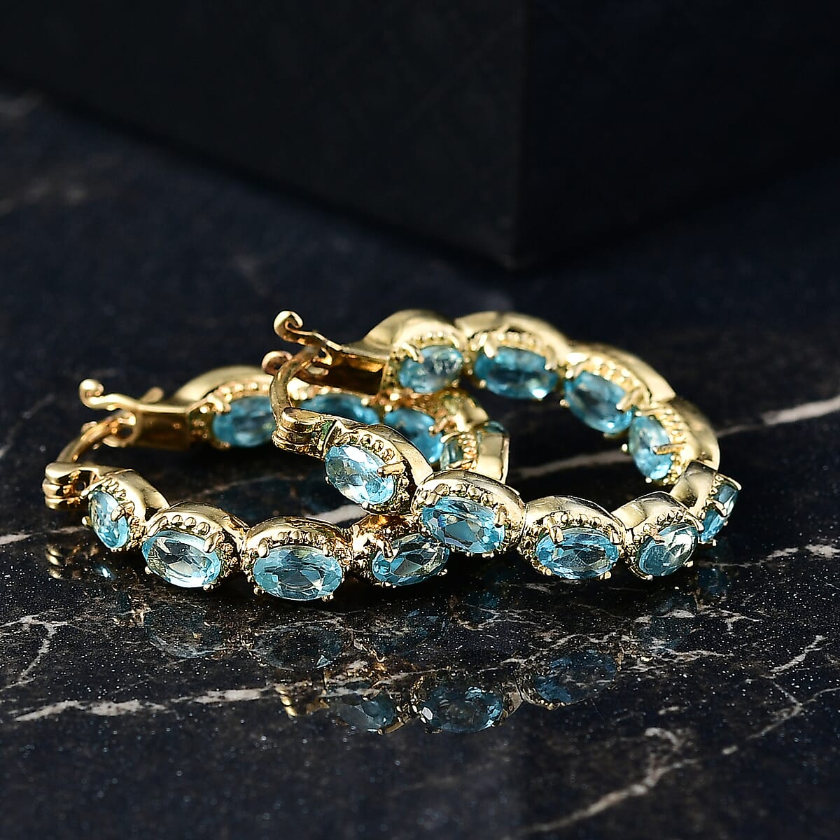 EverTrue Paraiba Apatite 4.20 ctw Hoop Earrings in 18K YG Plated image number 1