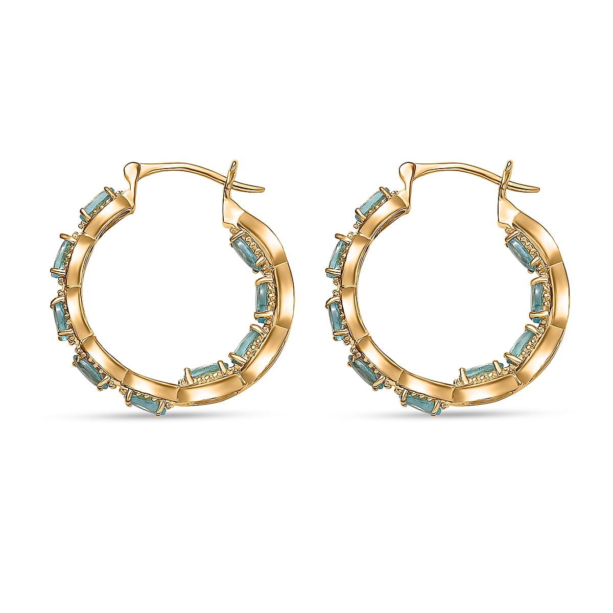 EverTrue Paraiba Apatite 4.20 ctw Hoop Earrings in 18K YG Plated image number 3