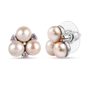 Ever True Pink Freshwater Pearl and Simulated Pink Diamond 0.30 ctw Blossom Earrings in Stainless Steel