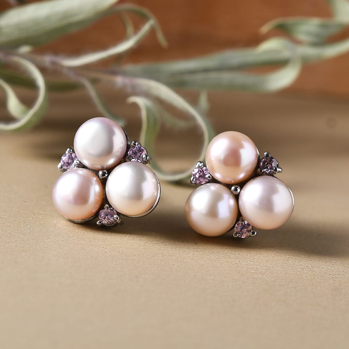 Ever True Pink Freshwater Pearl and Simulated Pink Diamond 0.30 ctw Blossom Earrings in Stainless Steel image number 1