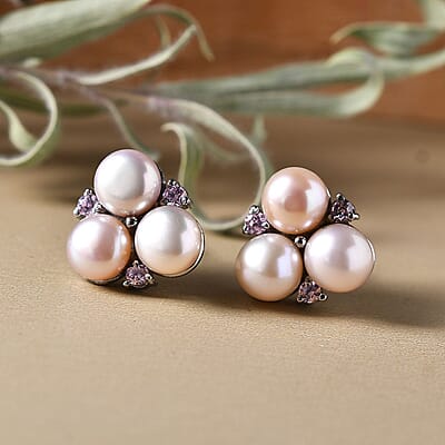 EverTrue Pink Freshwater Pearl and Simulated Pink Diamond 0.30 ctw Blossom Earrings in Stainless Steel