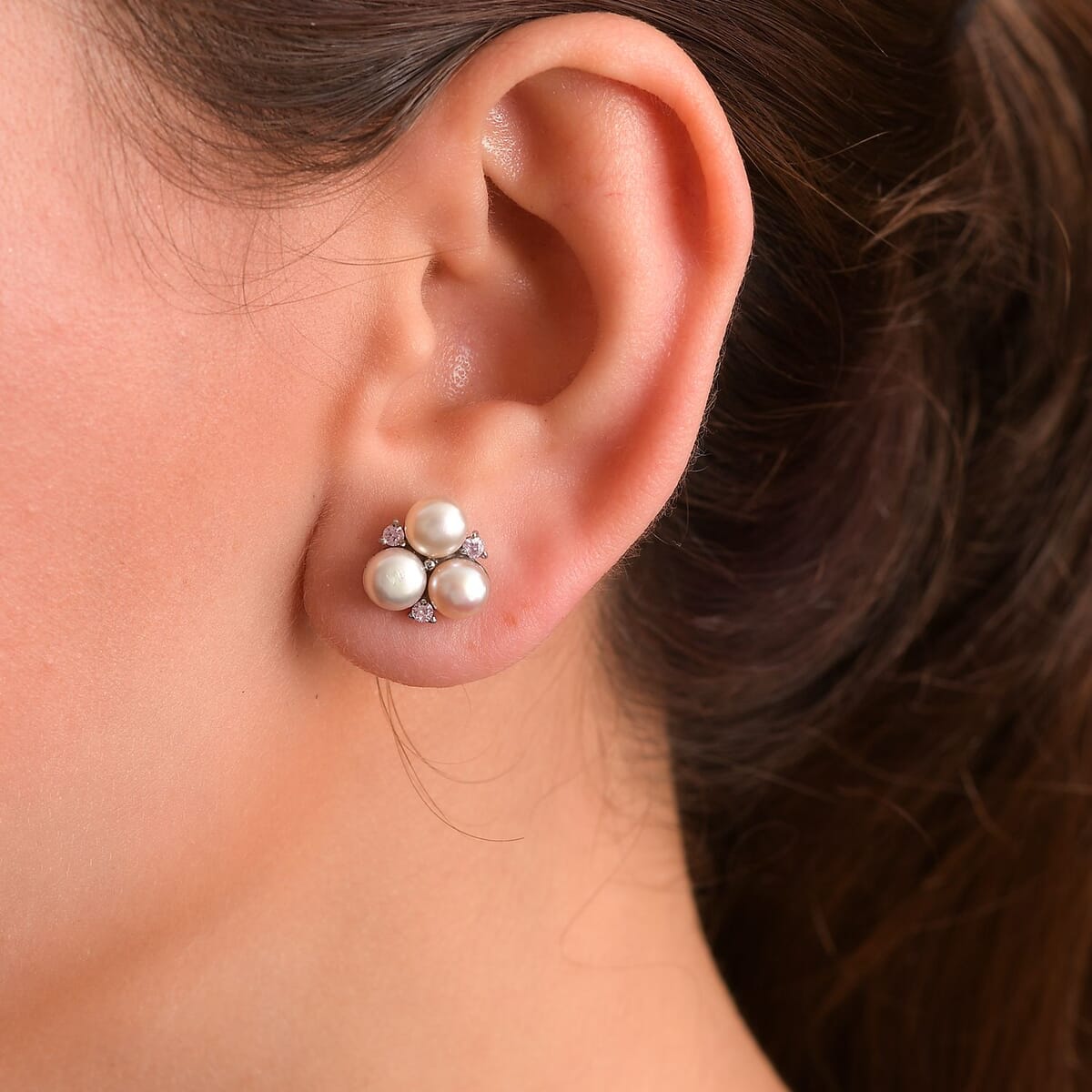 Ever True Pink Freshwater Pearl and Simulated Pink Diamond 0.30 ctw Blossom Earrings in Stainless Steel image number 2