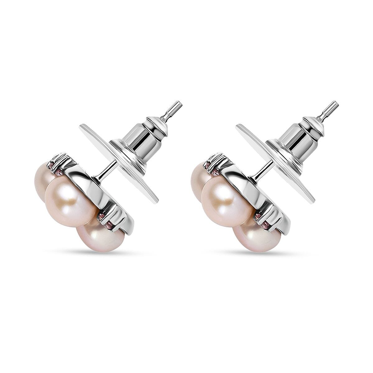 Ever True Pink Freshwater Pearl and Simulated Pink Diamond 0.30 ctw Blossom Earrings in Stainless Steel image number 3