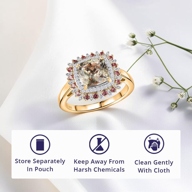 Luxoro AAA Turkizite, Padparadscha Sapphire and I2 Diamond 3.10 ctw Sunshine Ring in 10K Yellow Gold (Size 6.0)