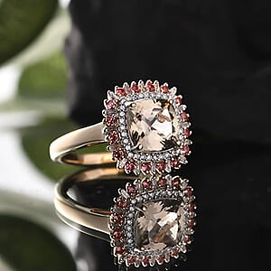 Luxoro AAA Turkizite, Padparadscha Sapphire and I2 Diamond 3.10 ctw Sunshine Ring in 10K Yellow Gold (Size 7.0)