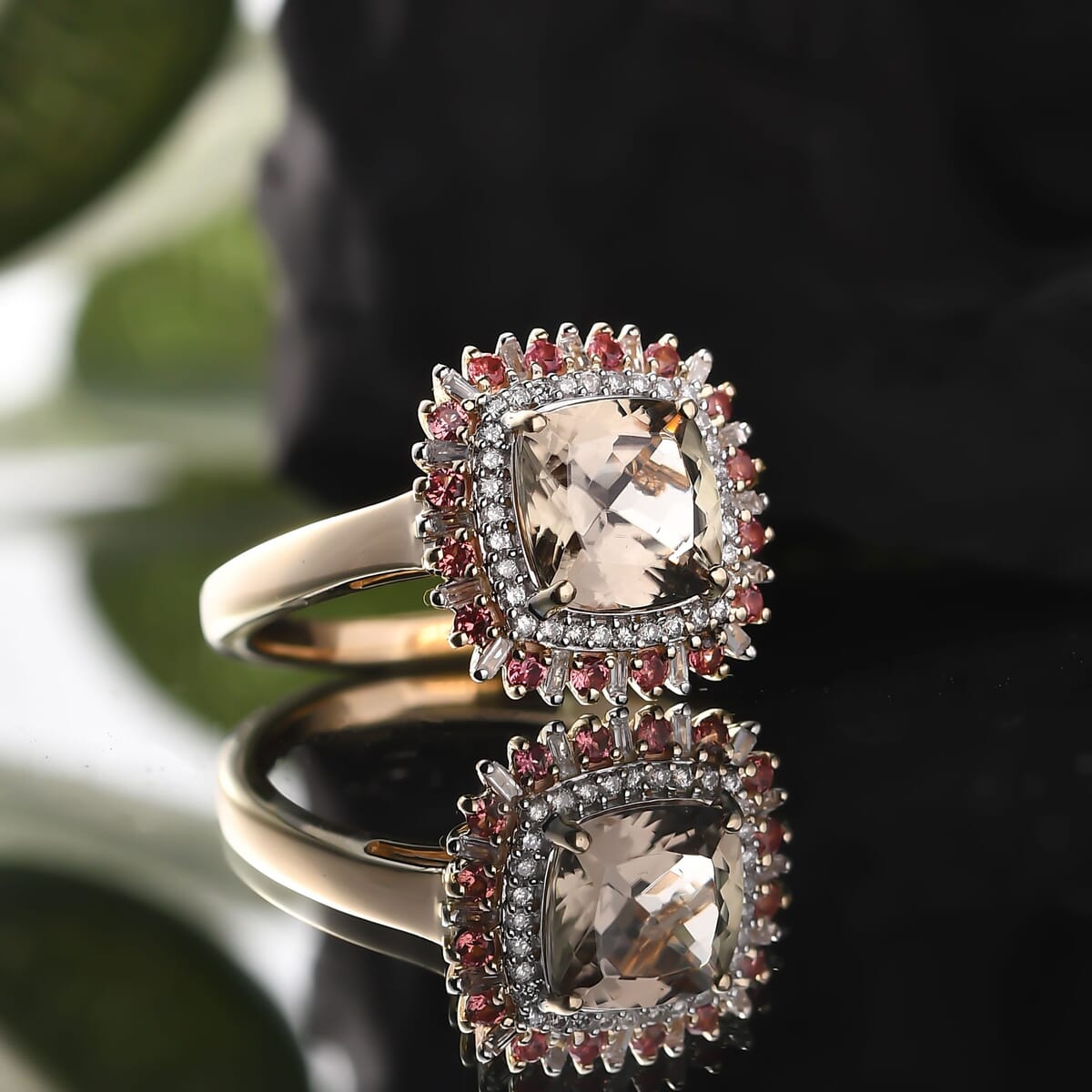 Luxoro AAA Turkizite, Padparadscha Sapphire and I2 Diamond 3.10 ctw Sunshine Ring in 10K Yellow Gold (Size 9.0) image number 1